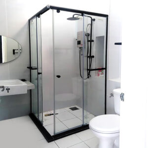 L Shape black frameless shower screen